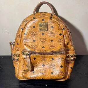 MCM Mini Visetos Stark Brown Leather Coated Backpack